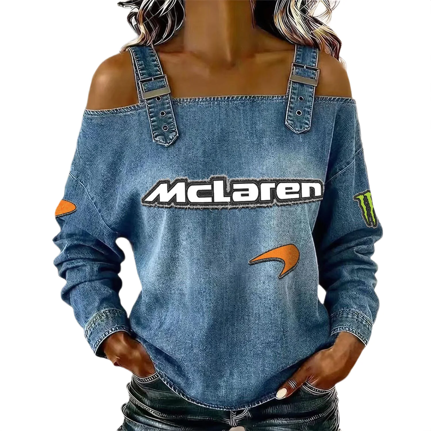 McLaren Women’s Off Shoulder Top Buckle Strap Cold Shoulder Long Sleeve McLaren Women's Off Shoulder Top Buckle Strap Cold Shoulder Long Sleeve