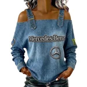 Mercedes Benz Women's Off Shoulder Top Buckle Strap Cold Shoulder Long Sleeve