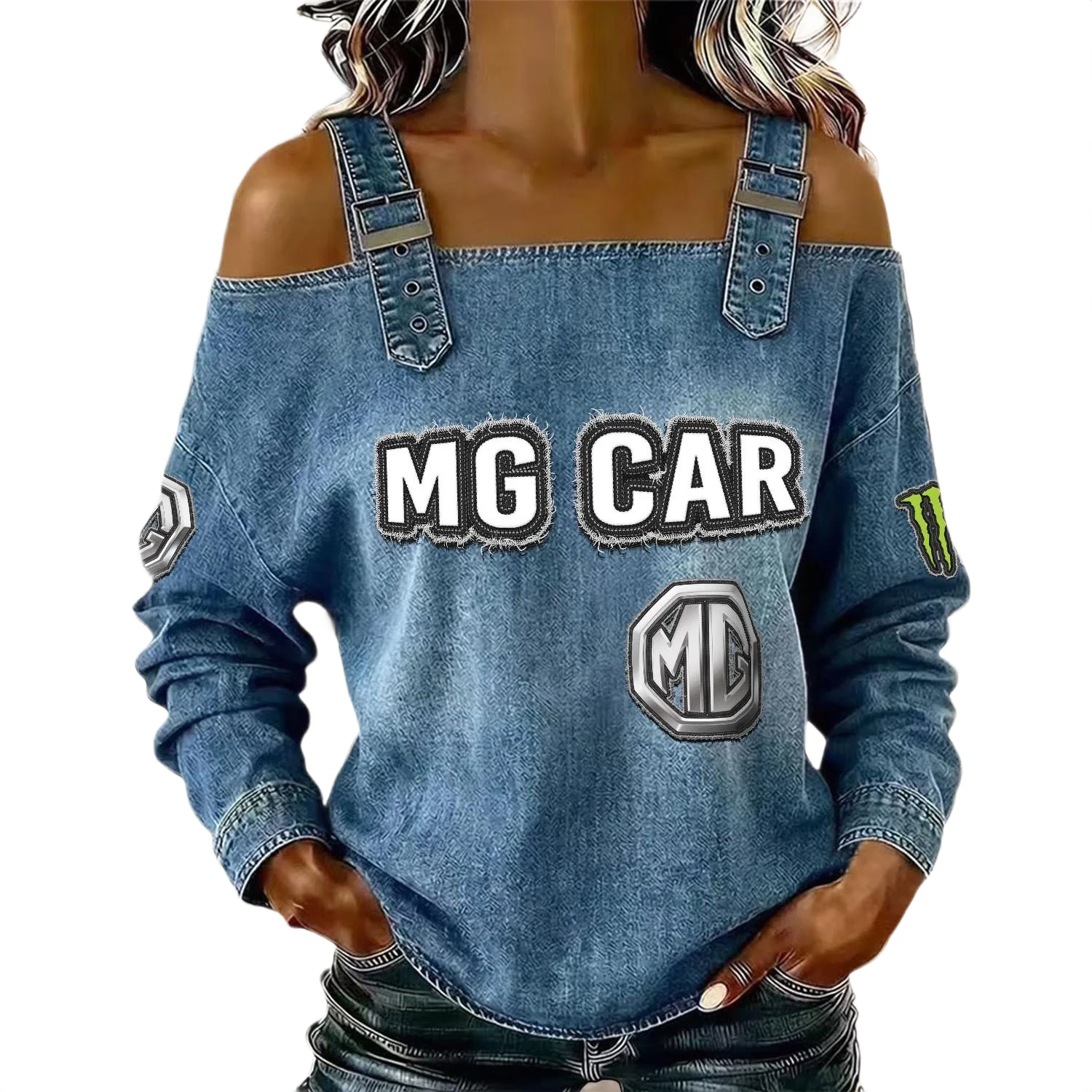 MG Car Women’s Off Shoulder Top Buckle Strap Cold Shoulder Long Sleeve MG Car Women's Off Shoulder Top Buckle Strap Cold Shoulder Long Sleeve