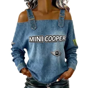 Mini Cooper Women's Off Shoulder Top Buckle Strap Cold Shoulder Long Sleeve
