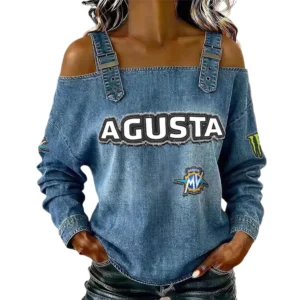 MV Agusta Women's Off Shoulder Top Buckle Strap Cold Shoulder Long Sleeve