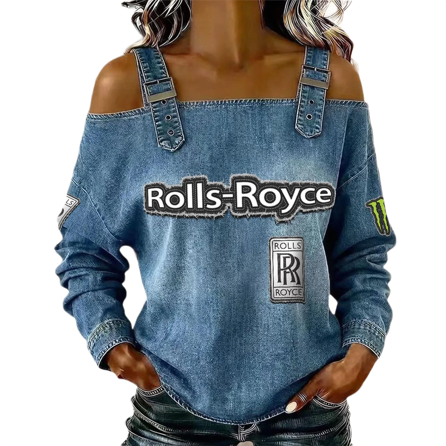 Rolls Royce Women’s Off Shoulder Top Buckle Strap Cold Shoulder Long Sleeve Rolls Royce Women's Off Shoulder Top Buckle Strap Cold Shoulder Long Sleeve