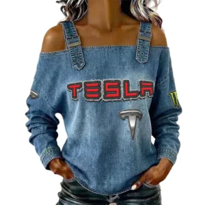 Tesla Women's Off Shoulder Top Buckle Strap Cold Shoulder Long Sleeve