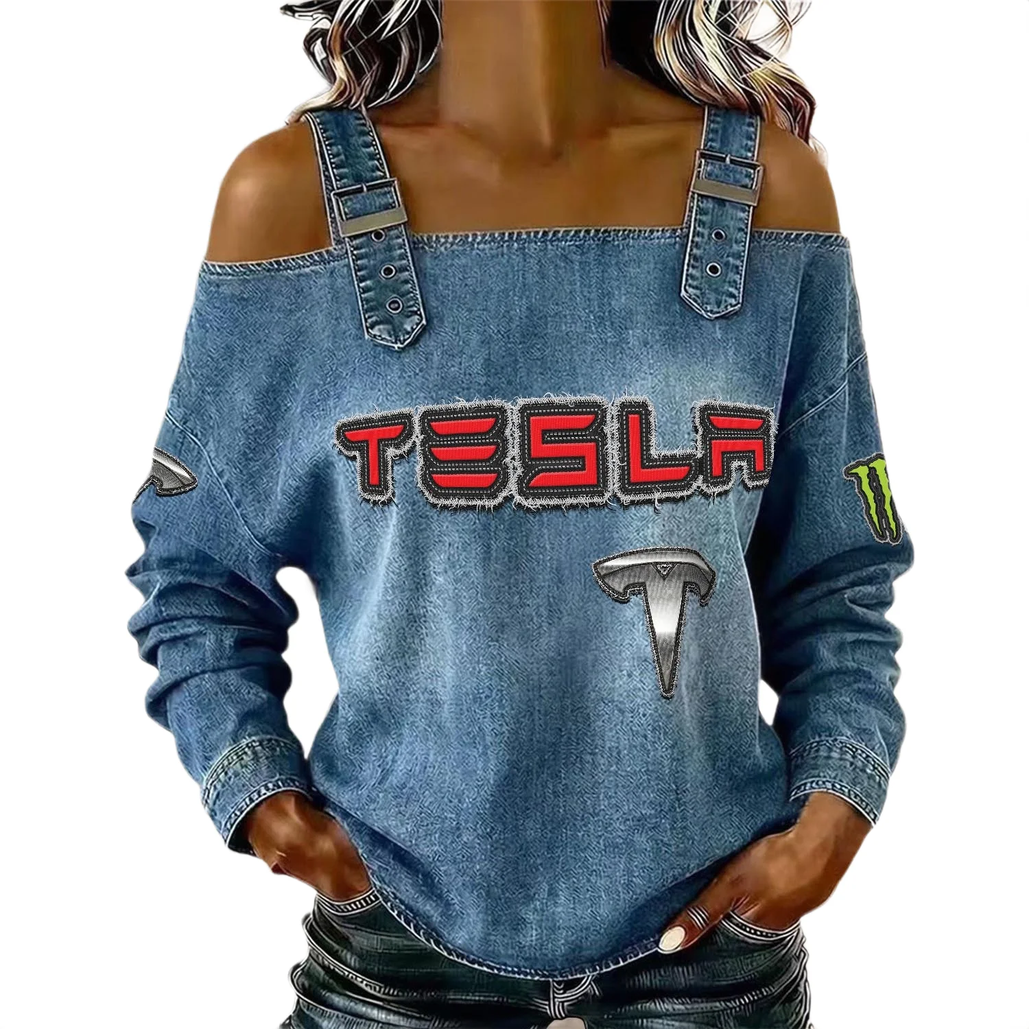 Tesla Women’s Off Shoulder Top Buckle Strap Cold Shoulder Long Sleeve Tesla Women's Off Shoulder Top Buckle Strap Cold Shoulder Long Sleeve