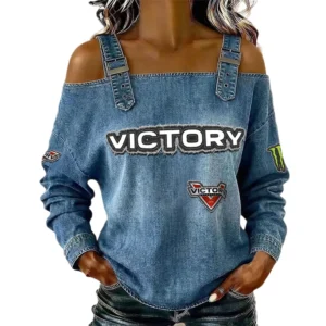 Victory Motorcycles Women's Off Shoulder Top Buckle Strap Cold Shoulder Long Sleeve
