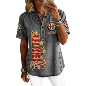 Alfa Romeo Women’s Button Accent Short Sleeve V-Neck Tunic Shirt Customize Name