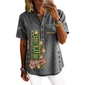 Aston Martin Women’s Button Accent Short Sleeve V-Neck Tunic Shirt Customize Name