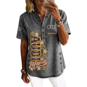 Audi Women’s Button Accent Short Sleeve V-Neck Tunic Shirt Customize Name