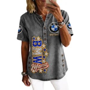 BMW Women’s Button Accent Short Sleeve V-Neck Tunic Shirt Customize Name