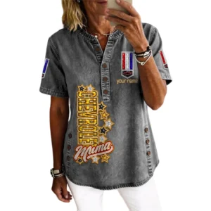 Camaro Women’s Button Accent Short Sleeve V-Neck Tunic Shirt Customize Name