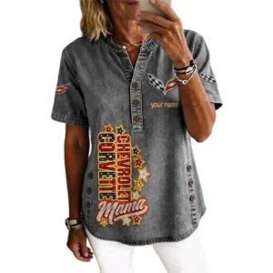 Corvette Women’s Button Accent Short Sleeve V-Neck Tunic Shirt Customize Name