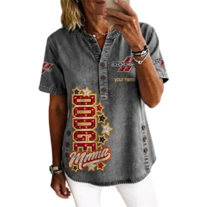 Dodge Women’s Button Accent Short Sleeve V-Neck Tunic Shirt Customize Name