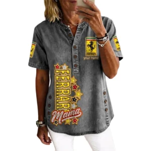 Ferrari Women’s Button Accent Short Sleeve V-Neck Tunic Shirt Customize Name
