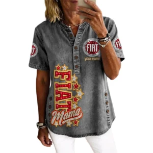 Fiat Women’s Button Accent Short Sleeve V-Neck Tunic Shirt Customize Name