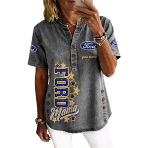 Ford Women’s Button Accent Short Sleeve V-Neck Tunic Shirt Customize Name