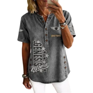 Genesis Women’s Button Accent Short Sleeve V-Neck Tunic Shirt Customize Name