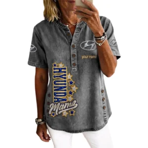 Hyundai Women’s Button Accent Short Sleeve V-Neck Tunic Shirt Customize Name