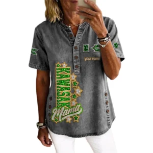 Kawasaki Women’s Button Accent Short Sleeve V-Neck Tunic Shirt Customize Name