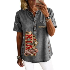 KIA Car Women’s Button Accent Short Sleeve V-Neck Tunic Shirt Customize Name