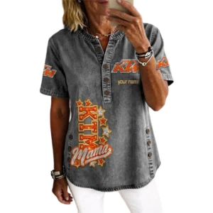 KTM Racing Women’s Button Accent Short Sleeve V-Neck Tunic Shirt Customize Name