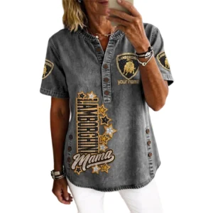 Lamborghini Women’s Button Accent Short Sleeve V-Neck Tunic Shirt Customize Name