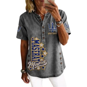 Maserati Women’s Button Accent Short Sleeve V-Neck Tunic Shirt Customize Name