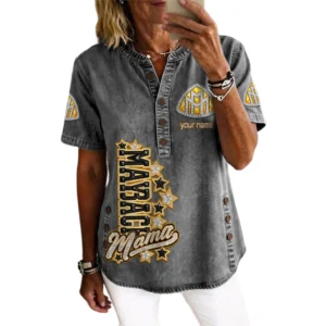 Maybach Women’s Button Accent Short Sleeve V-Neck Tunic Shirt Customize Name