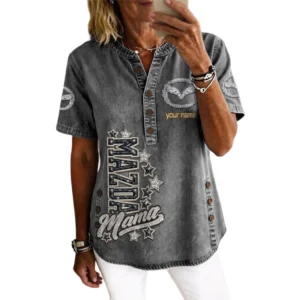 Mazda Women’s Button Accent Short Sleeve V-Neck Tunic Shirt Customize Name