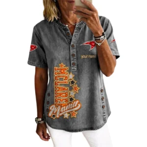 Mclaren Women’s Button Accent Short Sleeve V-Neck Tunic Shirt Customize Name