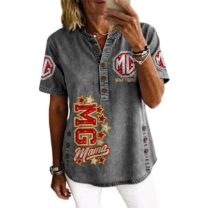 MG Car Women’s Button Accent Short Sleeve V-Neck Tunic Shirt Customize Name
