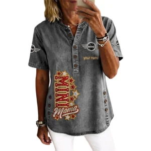 Mini Women’s Button Accent Short Sleeve V-Neck Tunic Shirt Customize Name