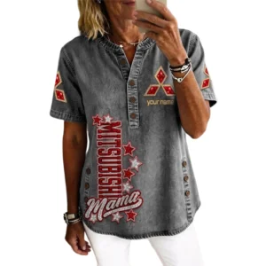 Mitsubishi Women’s Button Accent Short Sleeve V-Neck Tunic Shirt Customize Name