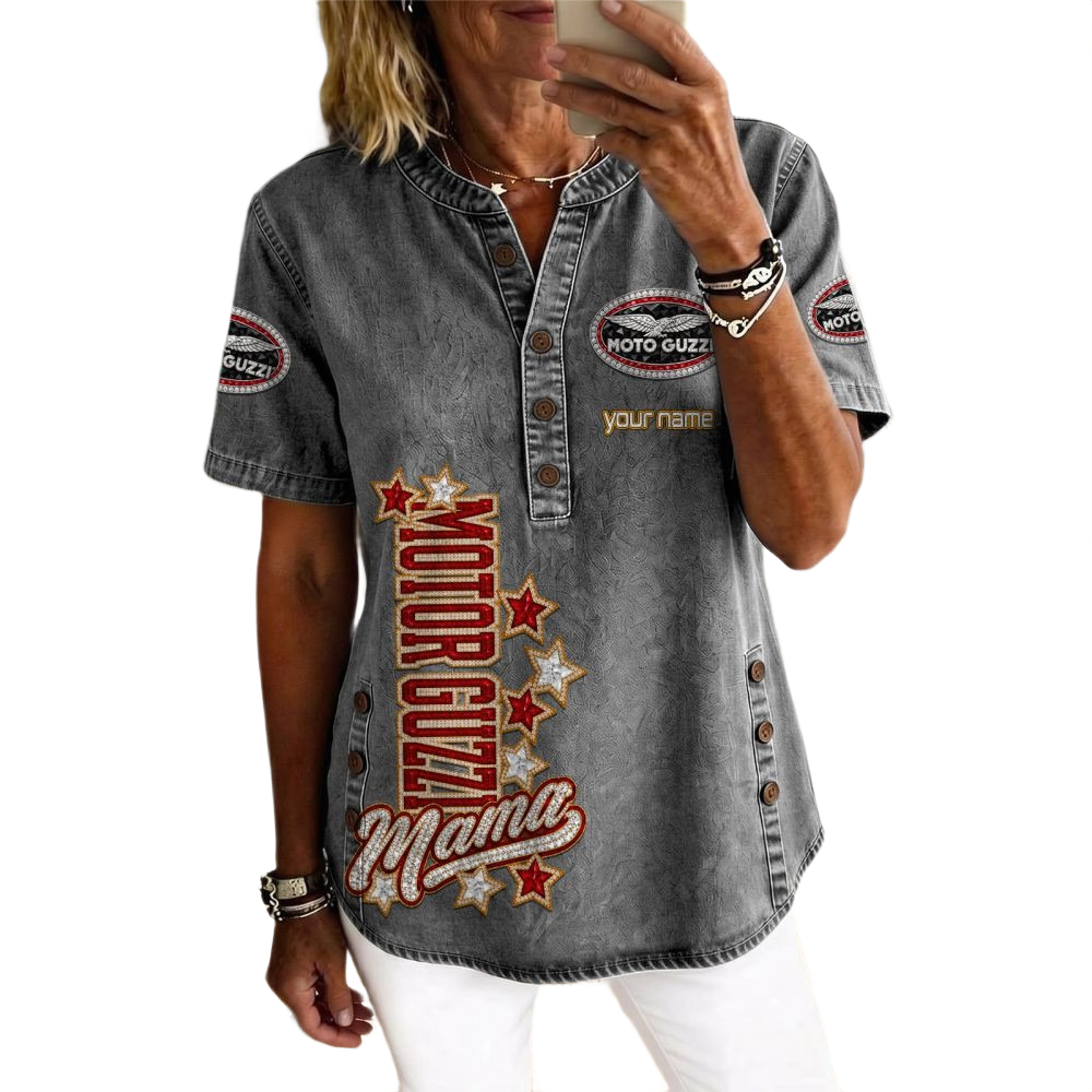 Motor Guzzi Women’s Button Accent Short Sleeve V-Neck Tunic Shirt Customize Name Motor Guzzi Women’s Button Accent Short Sleeve V-Neck Tunic Shirt Customize Name