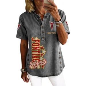 Pontiac Women’s Button Accent Short Sleeve V-Neck Tunic Shirt Customize Name