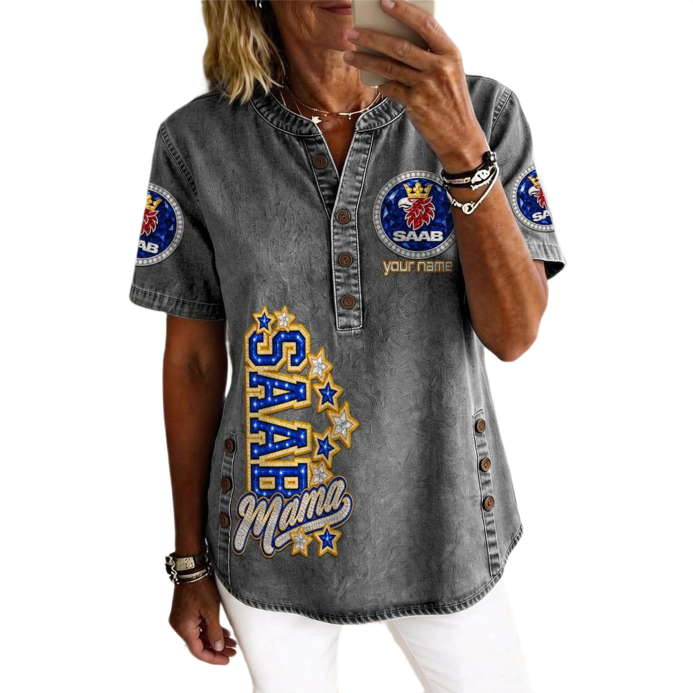 Saab Women’s Button Accent Short Sleeve V-Neck Tunic Shirt Customize Name Saab Women’s Button Accent Short Sleeve V-Neck Tunic Shirt Customize Name