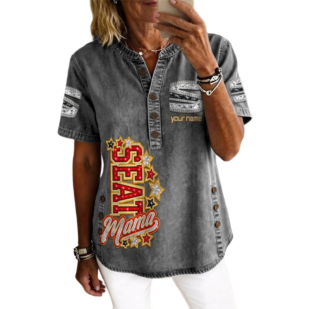 Seat Women’s Button Accent Short Sleeve V-Neck Tunic Shirt Customize Name Seat Women’s Button Accent Short Sleeve V-Neck Tunic Shirt Customize Name