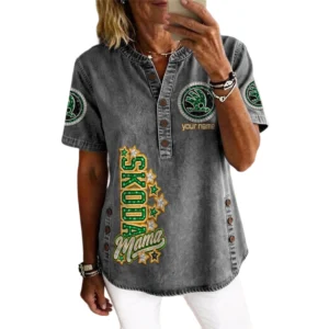 Skoda Women’s Button Accent Short Sleeve V-Neck Tunic Shirt Customize Name