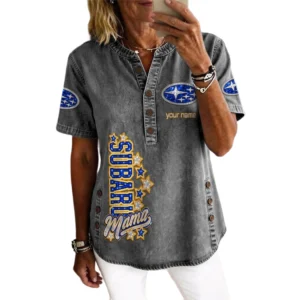 Subaru Women’s Button Accent Short Sleeve V-Neck Tunic Shirt Customize Name