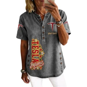 Tesla Women’s Button Accent Short Sleeve V-Neck Tunic Shirt Customize Name