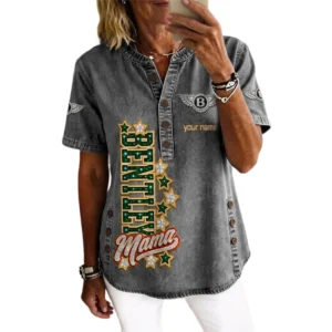 Bentley Women’s Button Accent Short Sleeve V-Neck Tunic Shirt Customize Name