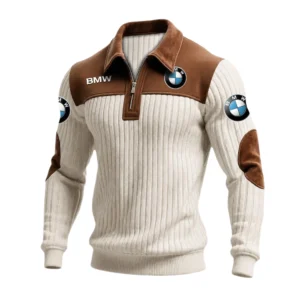 BMW Men’s Quarter-Zip Ribbed Knit Sweater Patchwork Long Sleeve Pullover