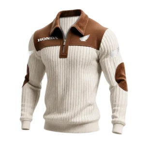 Honda Motors Men’s Quarter-Zip Ribbed Knit Sweater Patchwork Long Sleeve Pullover