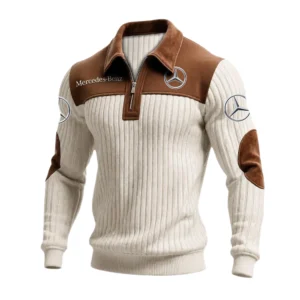 Mercedes Benz Men’s Quarter-Zip Ribbed Knit Sweater Patchwork Long Sleeve Pullover
