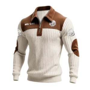 MG Car Men’s Quarter-Zip Ribbed Knit Sweater Patchwork Long Sleeve Pullover