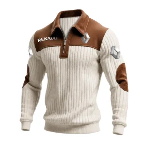 Renault Men’s Quarter-Zip Ribbed Knit Sweater Patchwork Long Sleeve Pullover