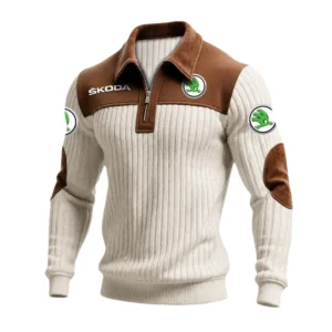 Skoda Men’s Quarter-Zip Ribbed Knit Sweater Patchwork Long Sleeve Pullover